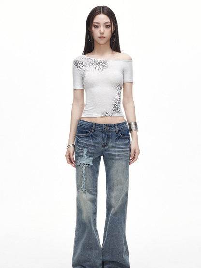 3MODE Leopard Print Asymmetric Shoulder Cropped Slim Women&