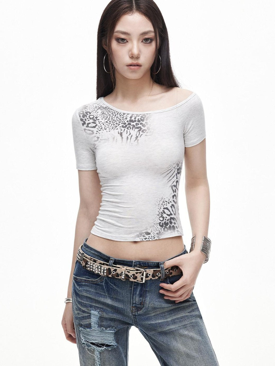 3MODE Leopard Print Asymmetric Shoulder Cropped Slim Women&