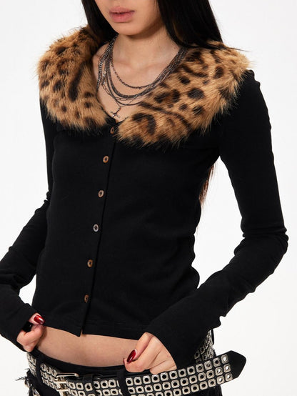 3MODE Leopard Print Fur Collar Cropped Fitted Women&