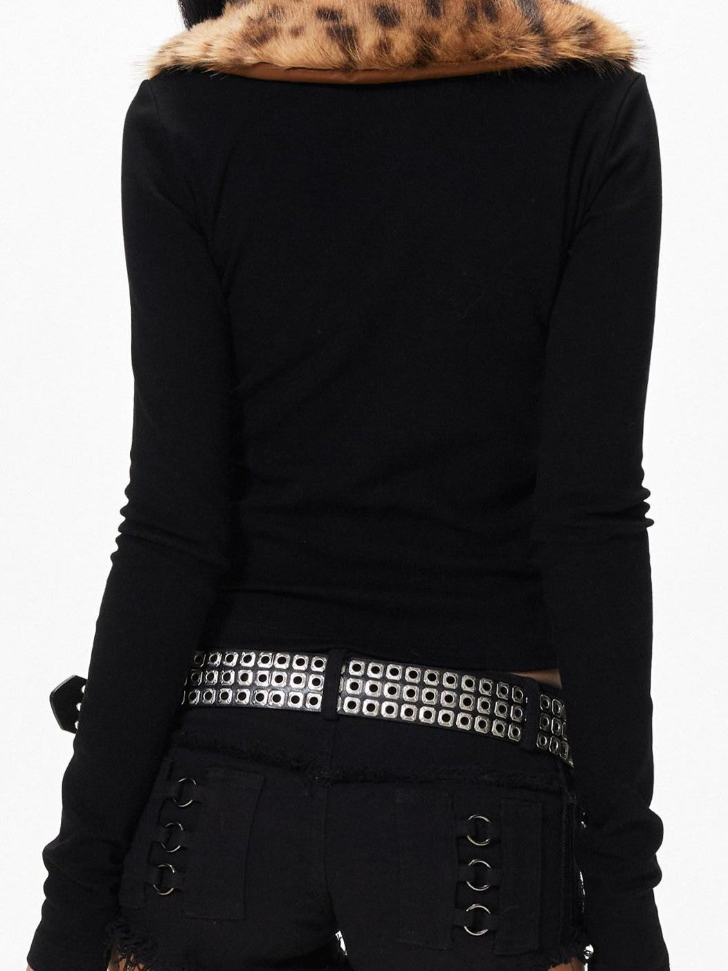3MODE Leopard Print Fur Collar Cropped Fitted Women&