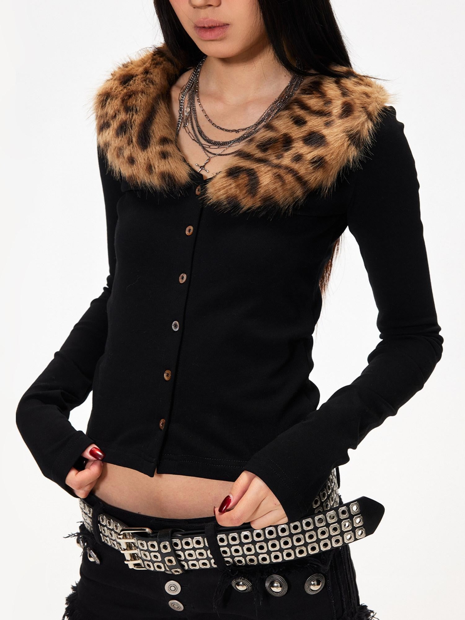3MODE Leopard Print Fur Collar Cropped Fitted Women&