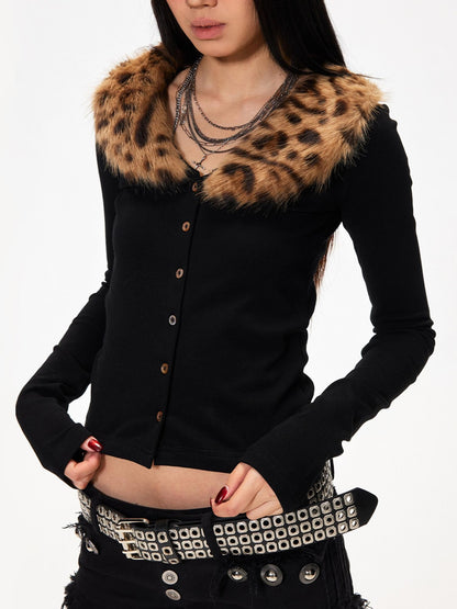 3MODE Leopard Print Fur Collar Cropped Fitted Women&