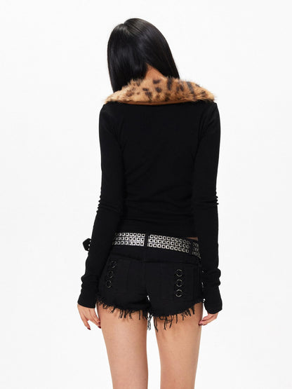3MODE Leopard Print Fur Collar Cropped Fitted Women&