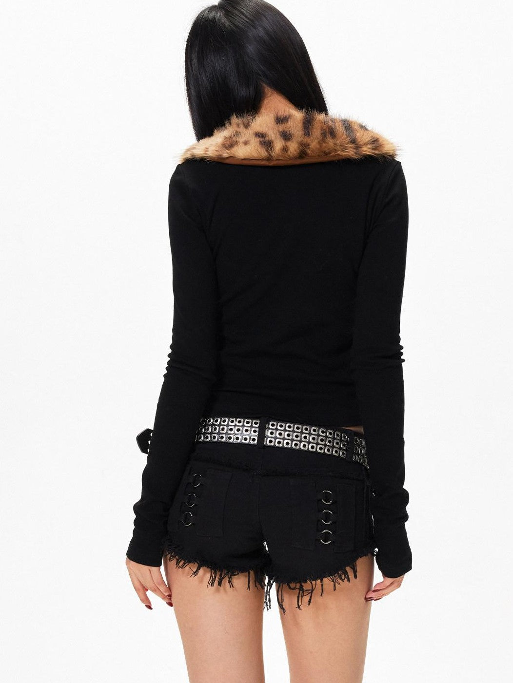 3MODE Leopard Print Fur Collar Cropped Fitted Women&