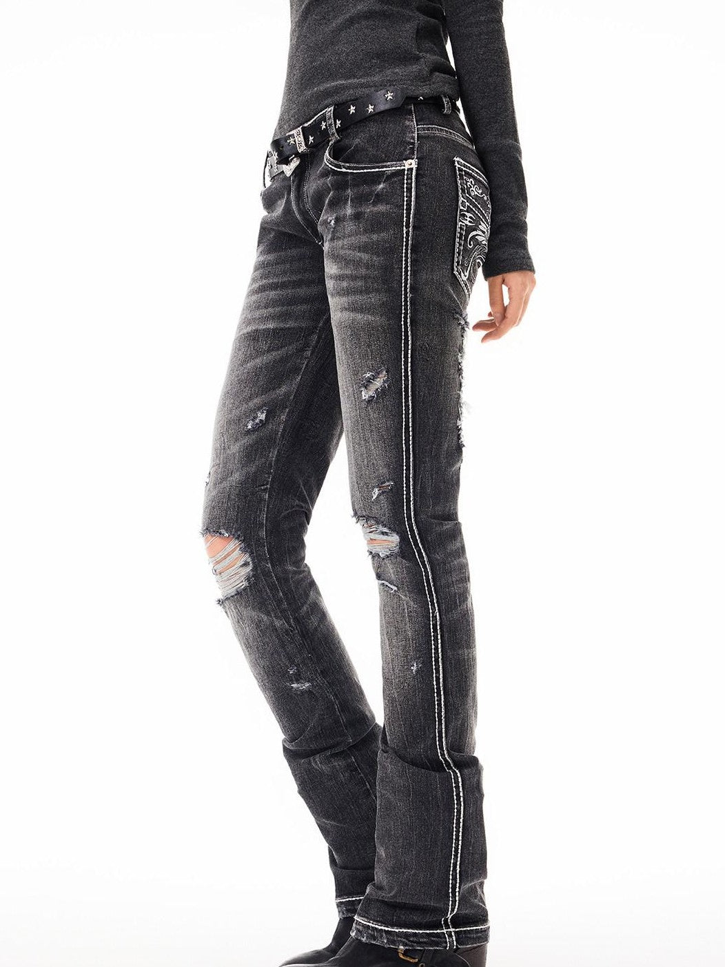 3MODE Light Blue Distressed Low Rise Vintage Women&
