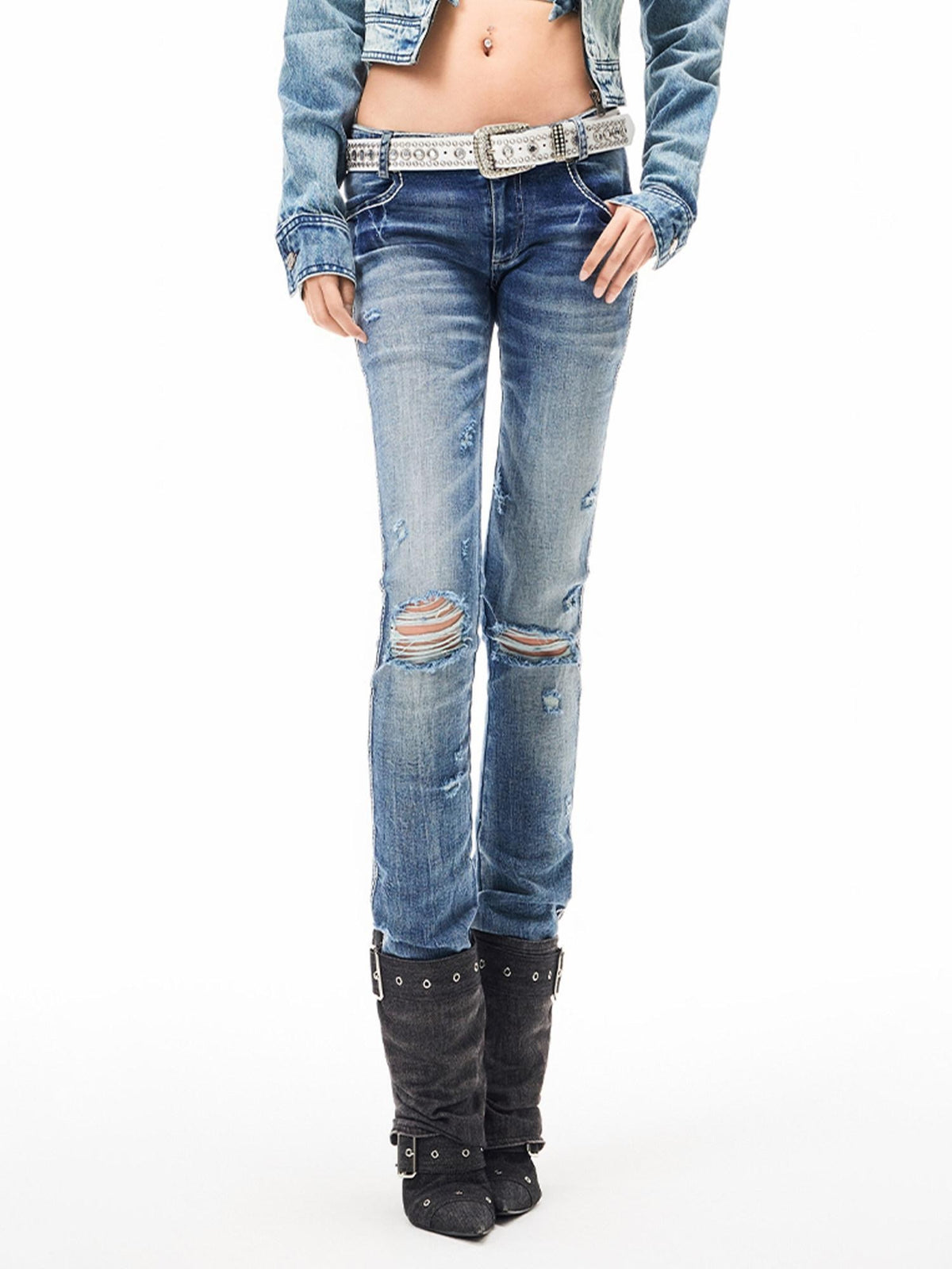 3MODE Light Blue Distressed Low Rise Vintage Women&