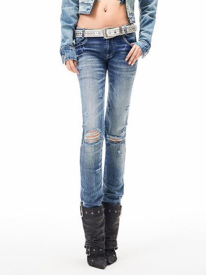 3MODE Light Blue Distressed Low Rise Vintage Women&