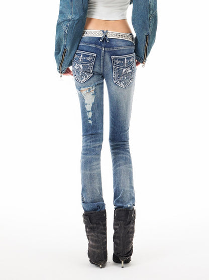 3MODE Light Blue Distressed Low Rise Vintage Women&