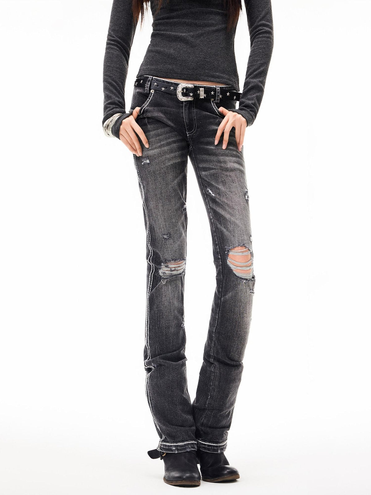 3MODE Light Blue Distressed Low Rise Vintage Women&