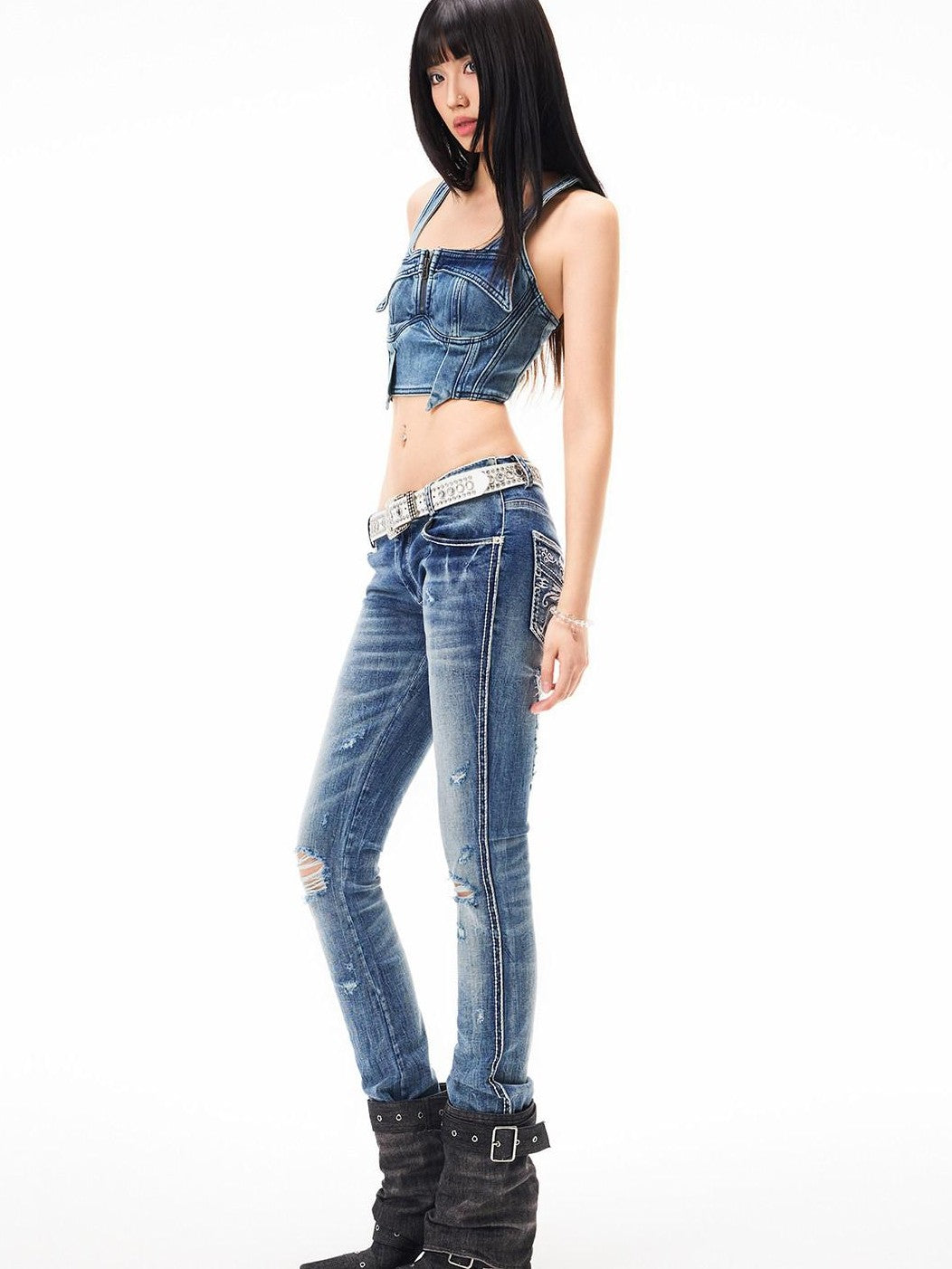 3MODE Light Blue Distressed Low Rise Vintage Women&