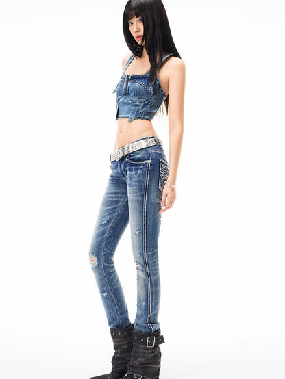 3MODE Light Blue Distressed Low Rise Vintage Women&
