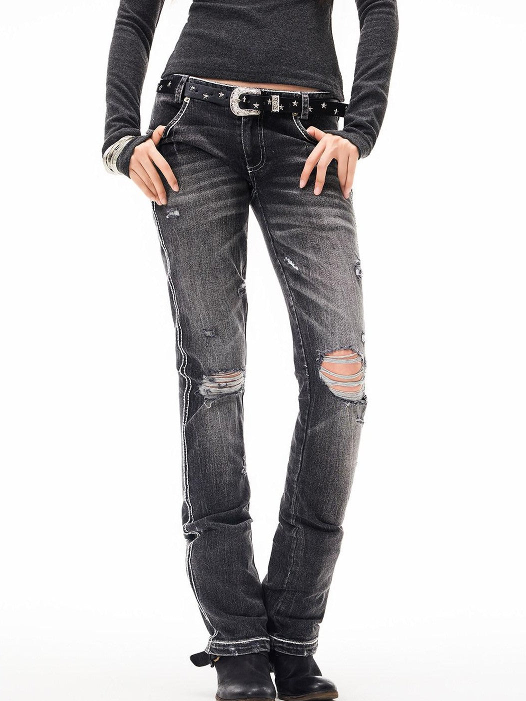 3MODE Light Blue Distressed Low Rise Vintage Women&