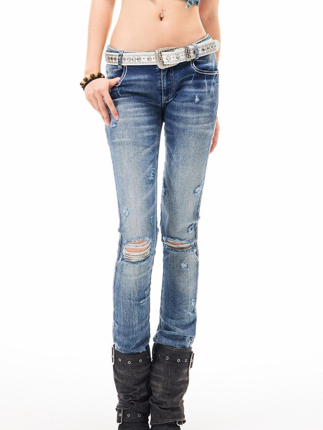3MODE Light Blue Distressed Low Rise Vintage Women&