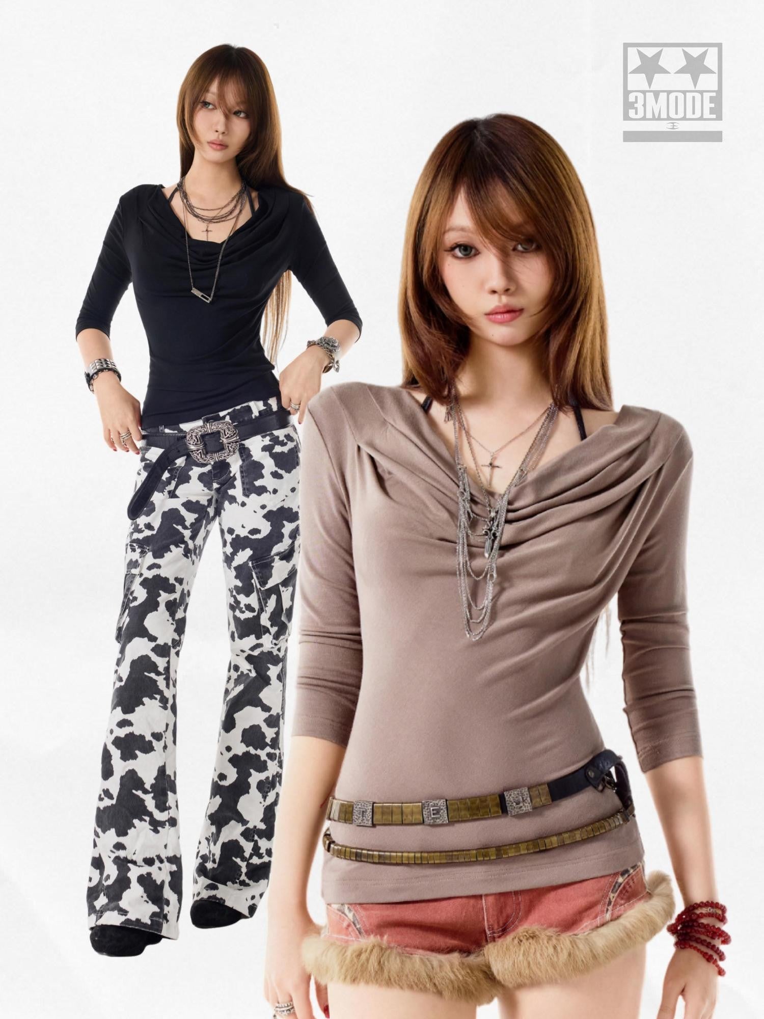 3MODE Light Coffee Printed Scoop Neck Slim Fit Women&