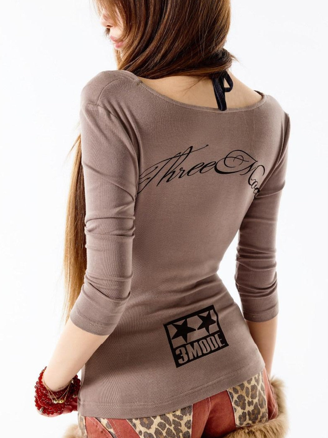 3MODE Light Coffee Printed Scoop Neck Slim Fit Women&