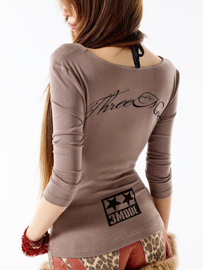 3MODE Light Coffee Printed Scoop Neck Slim Fit Women&