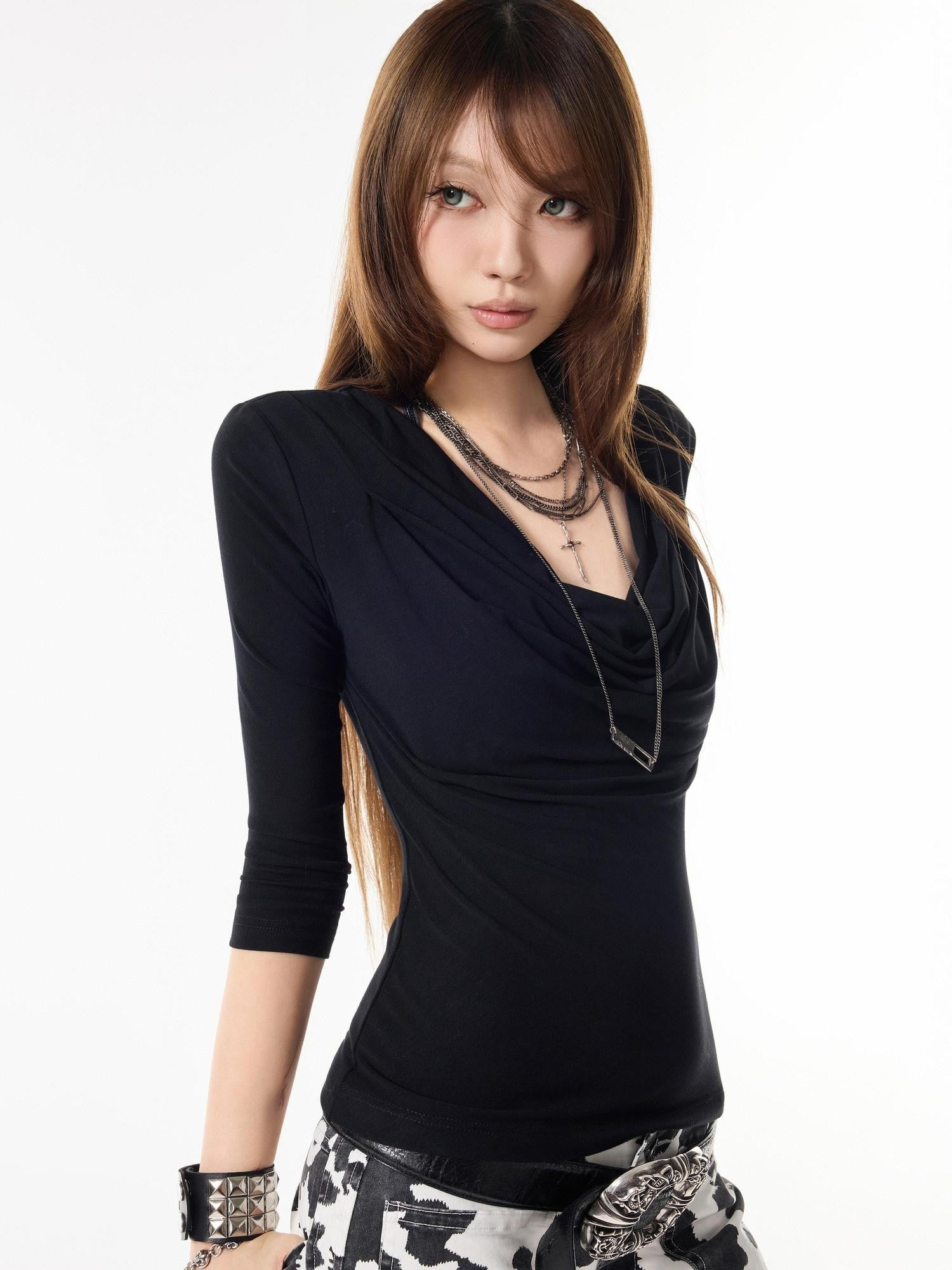 3MODE Light Coffee Printed Scoop Neck Slim Fit Women&