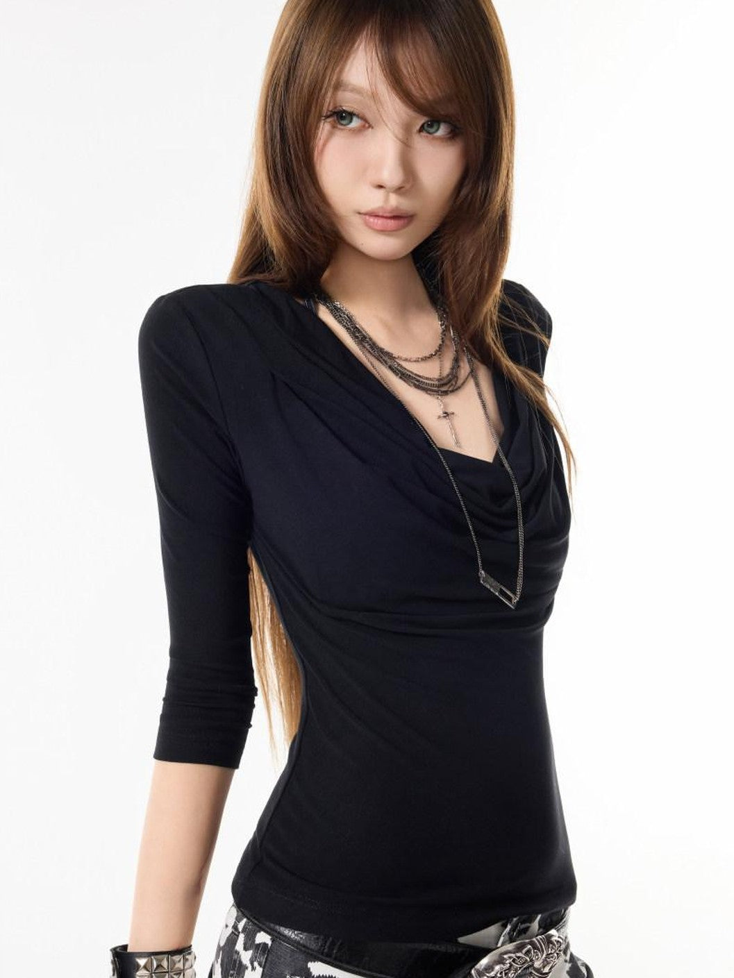 3MODE Light Coffee Printed Scoop Neck Slim Fit Women&