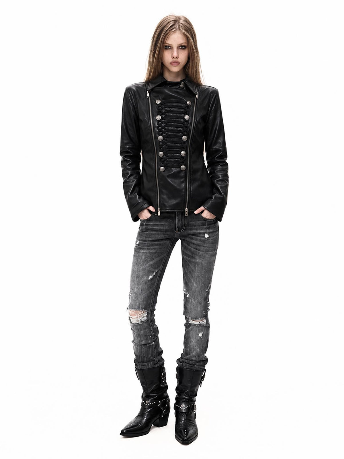 3MODE Metal Buckle Double Zip Lapel Pu Women&