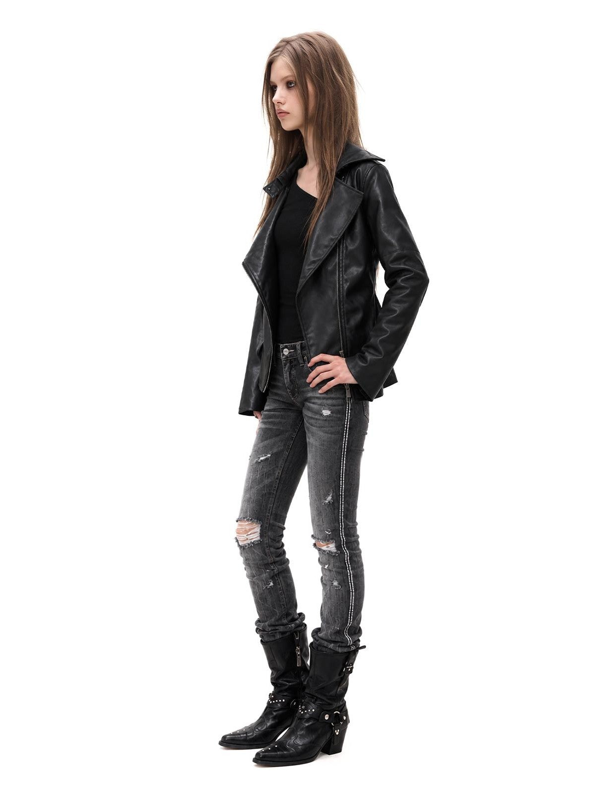 3MODE Metal Buckle Double Zip Lapel Pu Women&