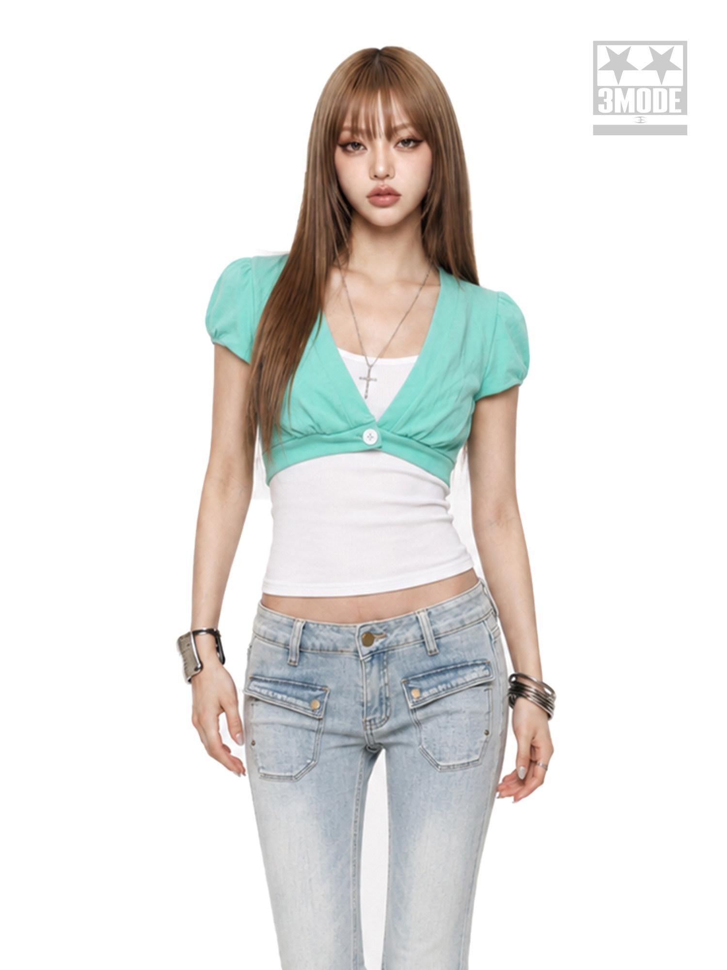 3MODE Mint Green Puff Sleeve Two Piece Cropped Overlay Women&