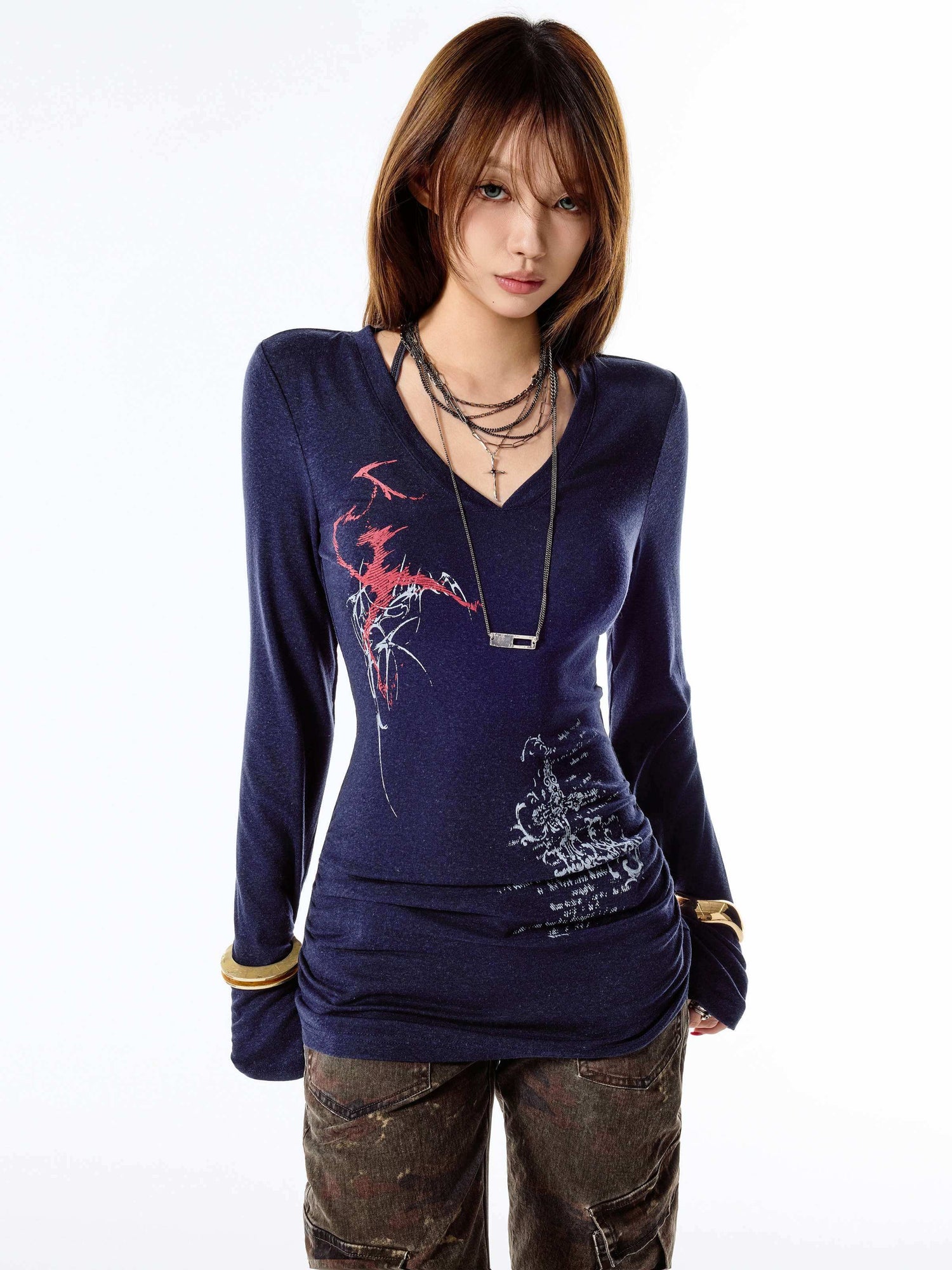 3MODE_Navy_Brown_Printed_V-neck_Loose_Street_Women&