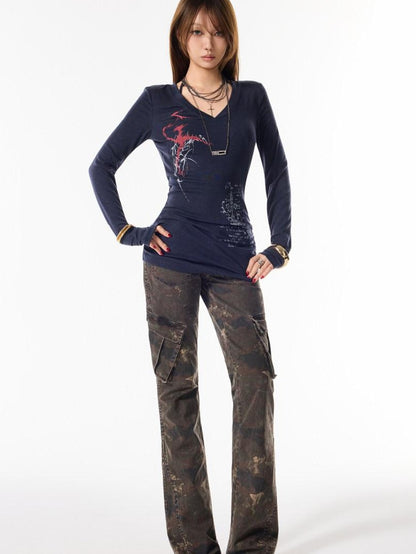 3MODE Navy Brown Printed V-neck Loose Street Women&