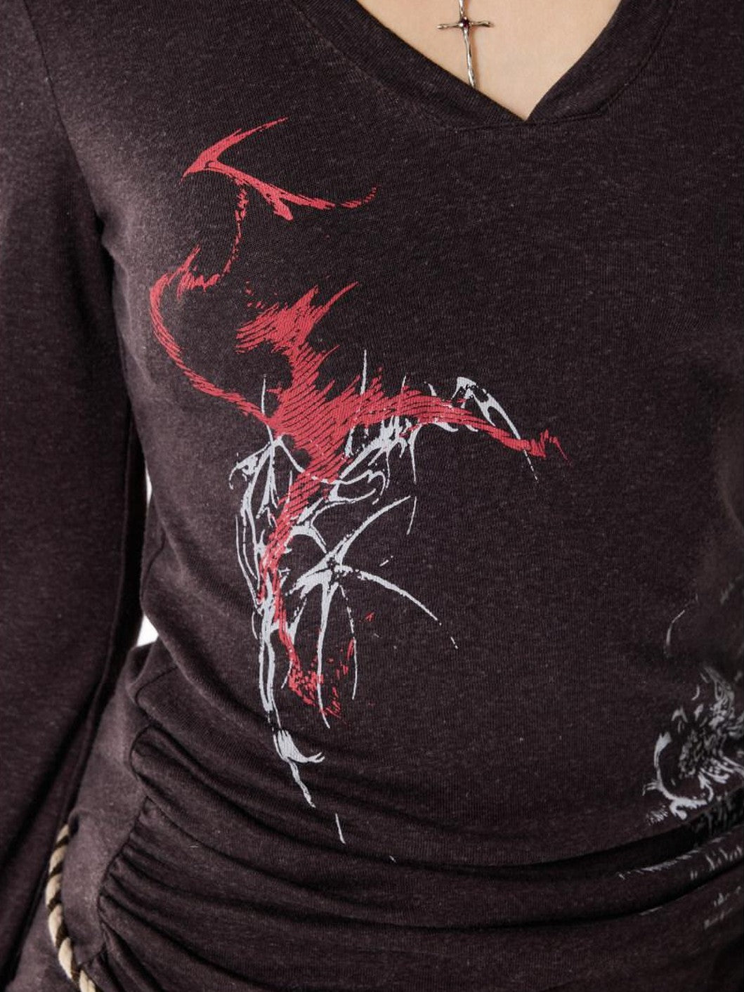 3MODE Navy Brown Printed V-neck Loose Street Women&
