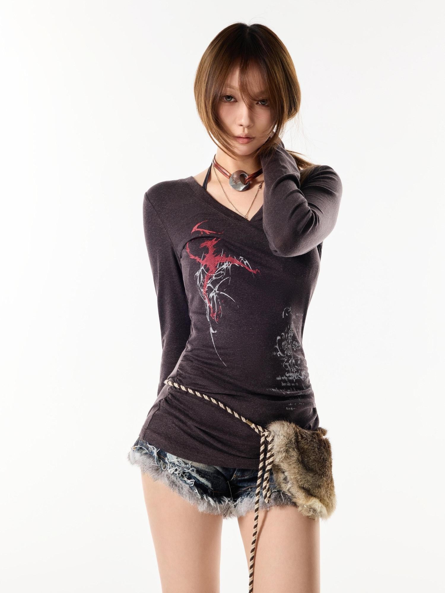 3MODE Navy Brown Printed V-neck Loose Street Women&