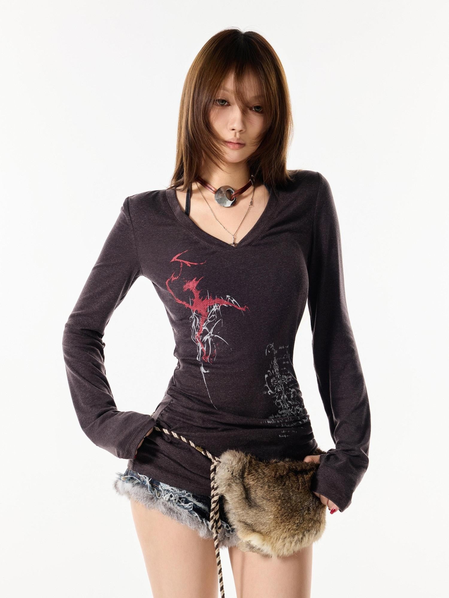 3MODE Navy Brown Printed V-neck Loose Street Women&
