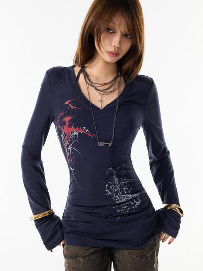 3MODE Navy Brown Printed V-neck Loose Street Women&