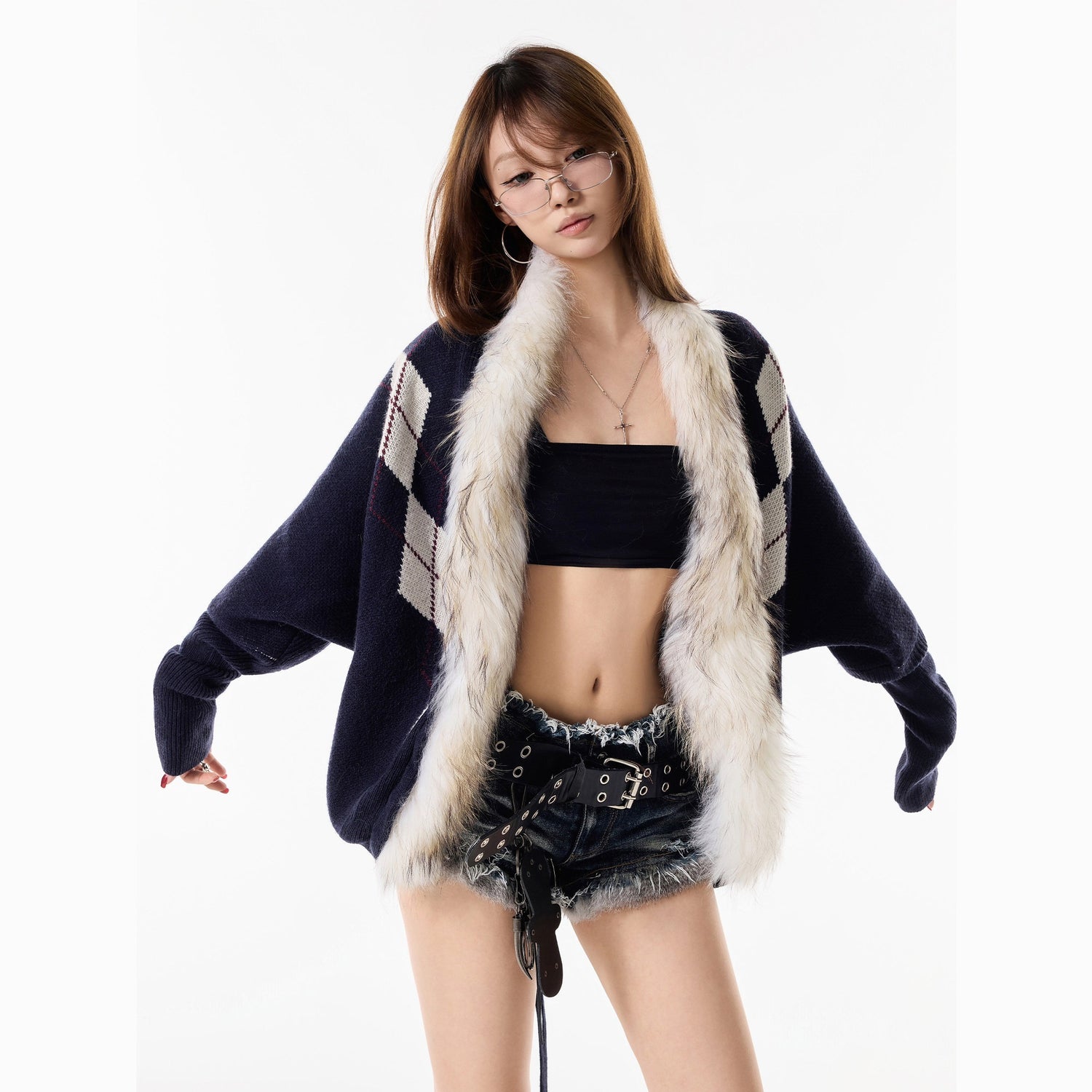 3MODE_Navy_Diamond_Knit_Fur_Collar_Oversized_Women&