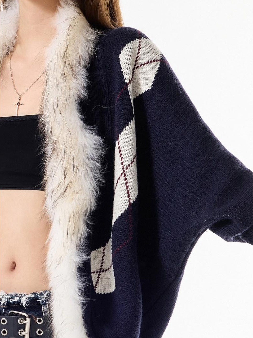 3MODE Navy Diamond Knit Fur Collar Oversized Women&