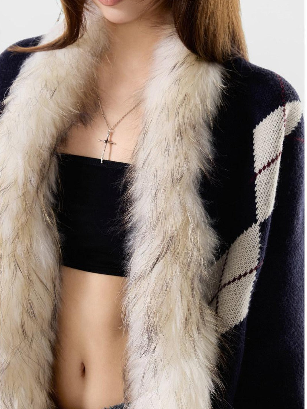 3MODE Navy Diamond Knit Fur Collar Oversized Women&