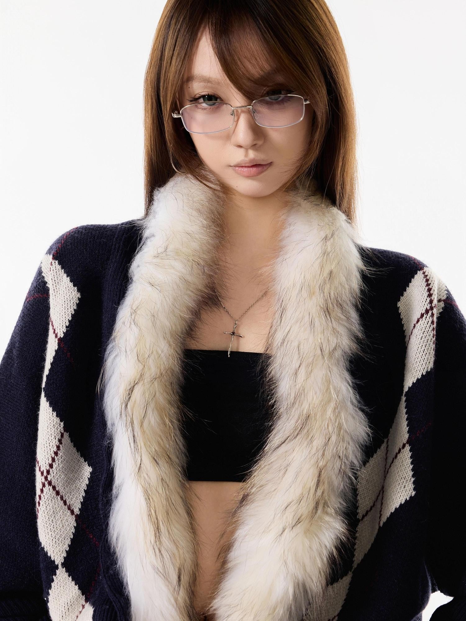 3MODE Navy Diamond Knit Fur Collar Oversized Women&