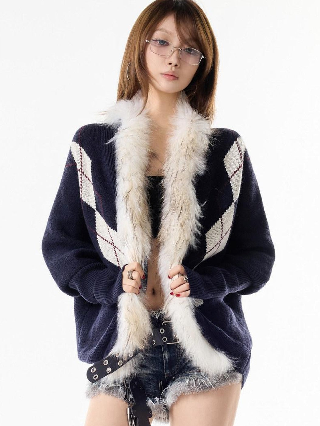 3MODE Navy Diamond Knit Fur Collar Oversized Women&