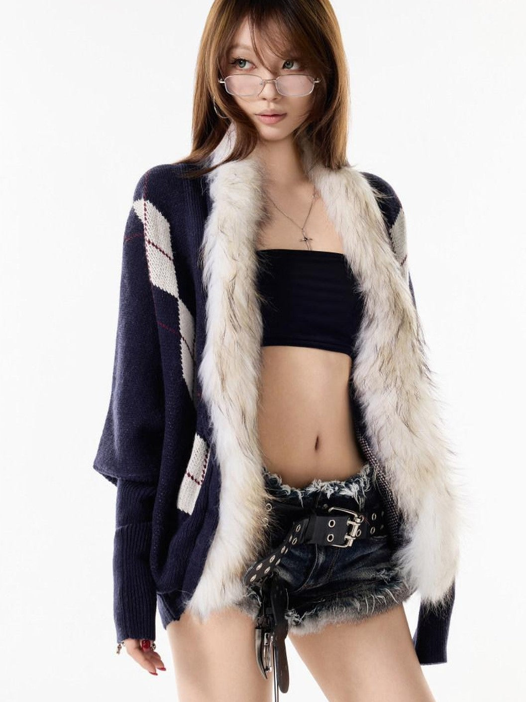 3MODE Navy Diamond Knit Fur Collar Oversized Women&