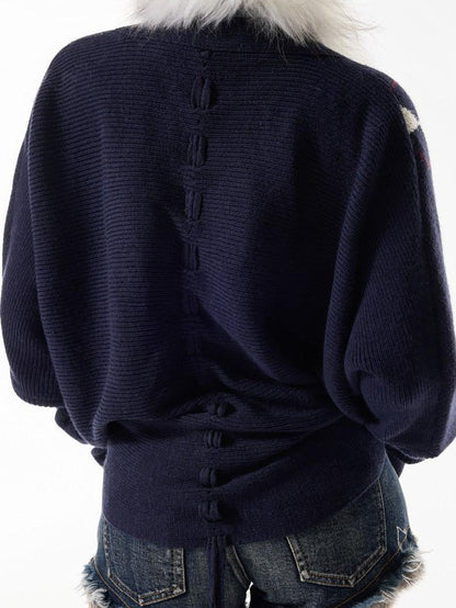 3MODE Navy Diamond Knit Fur Collar Oversized Women&