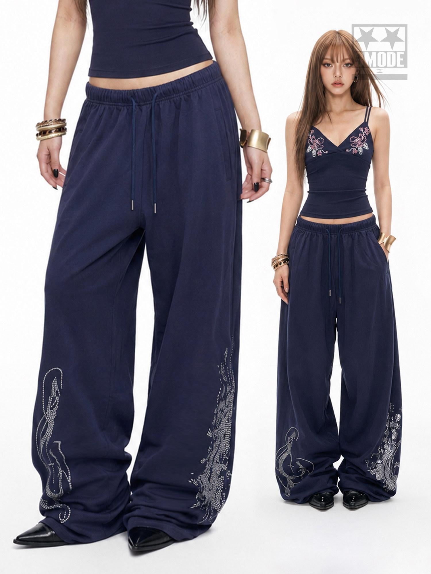 3MODE Navy Side Rhinestone Drawstring Low Waist Women&
