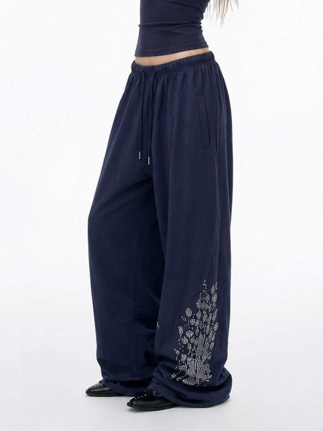 3MODE Navy Side Rhinestone Drawstring Low Waist Women&