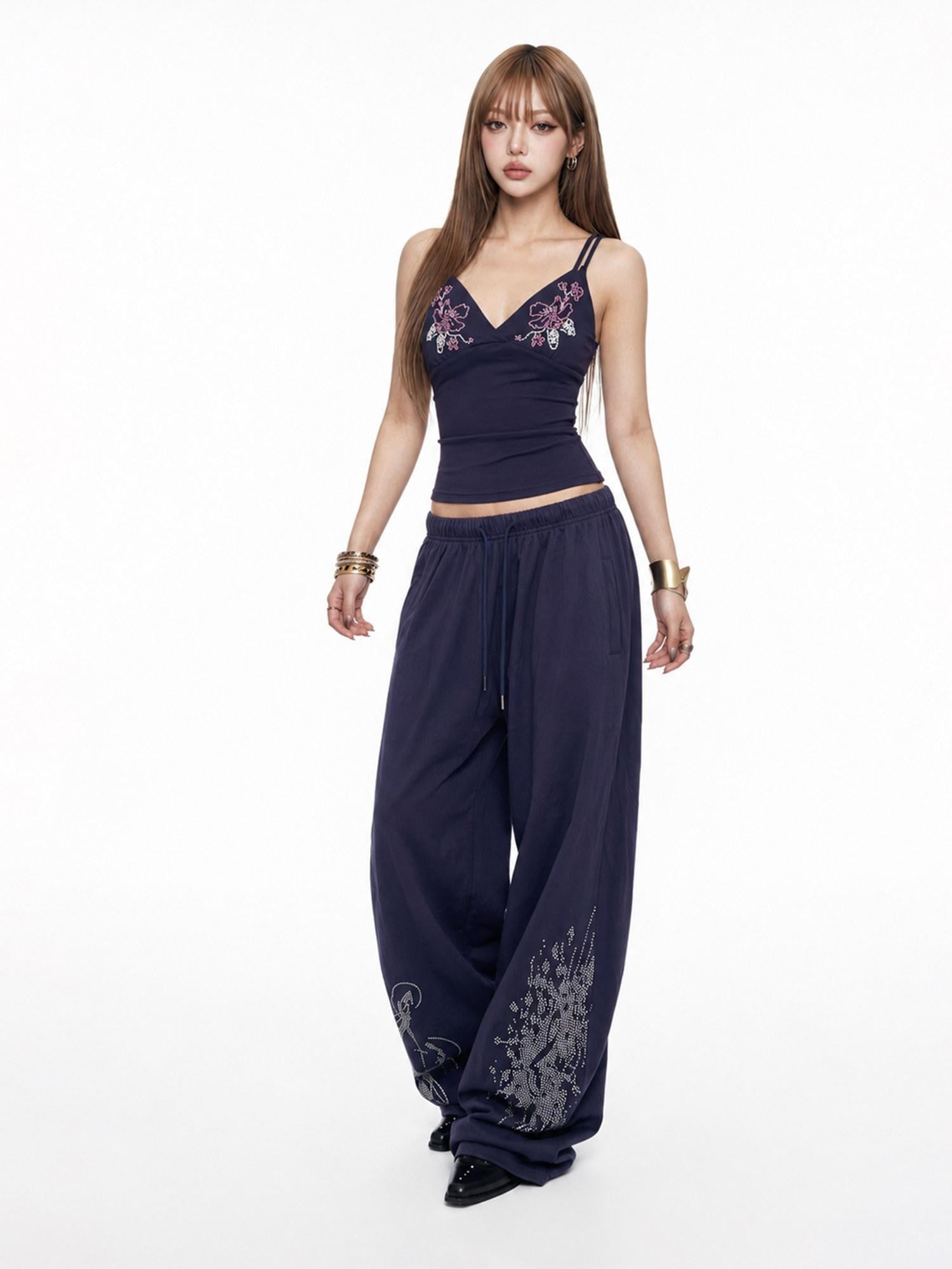 3MODE Navy Side Rhinestone Drawstring Low Waist Women&