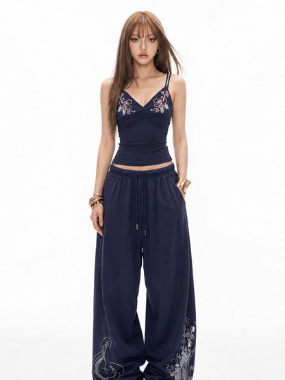 3MODE Navy Side Rhinestone Drawstring Low Waist Women&