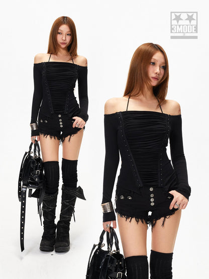 3MODE Off Shoulder Pleated Slim Fit Women&