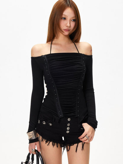 3MODE Off Shoulder Pleated Slim Fit Women&