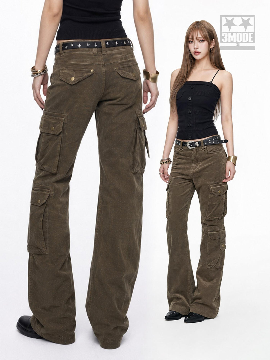 3MODE Olive Green Cargo Multi Pocket High Waist Women&