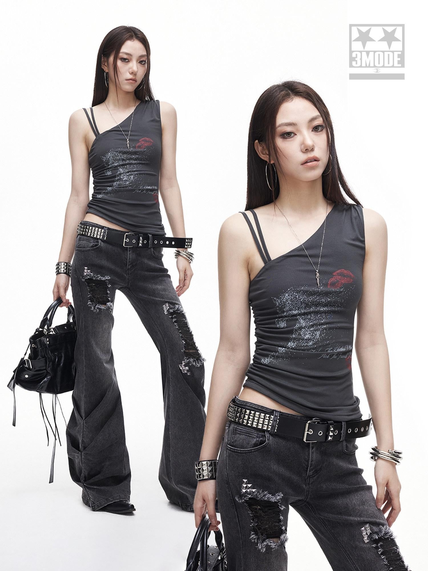 3MODE One Shoulder Printed Distressed Slim Cropped Women&