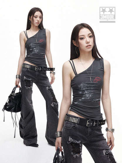 3MODE One Shoulder Printed Distressed Slim Cropped Women&