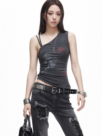 3MODE One Shoulder Printed Distressed Slim Cropped Women&