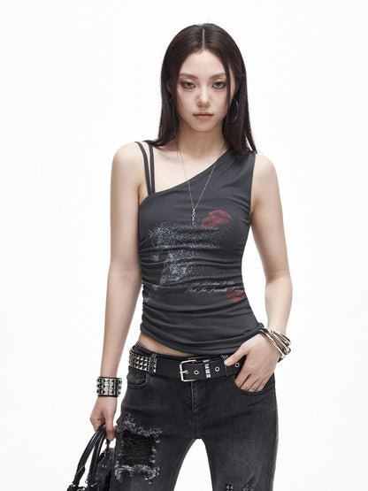 3MODE One Shoulder Printed Distressed Slim Cropped Women&