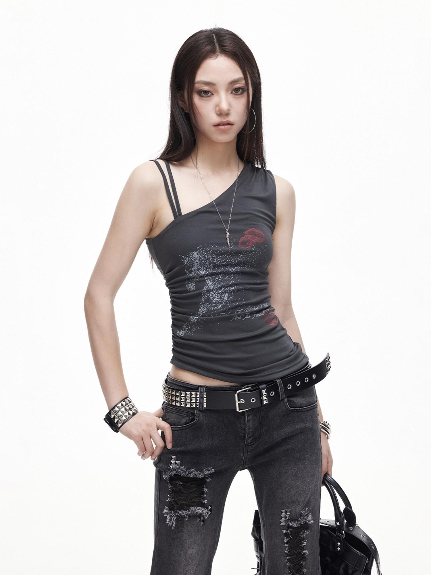 3MODE One Shoulder Printed Distressed Slim Cropped Women&